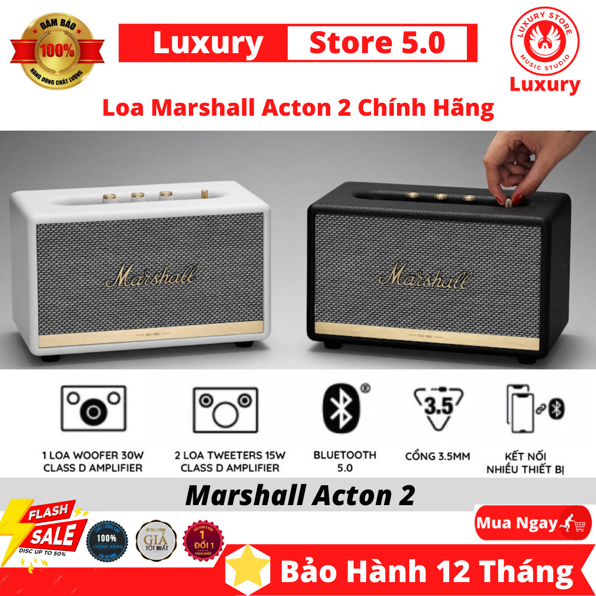 Loa bluetooth marshall acton 2 chính hãng cao cấp, loa di động marshall acton 2 bluetooth 5.0, aux ,cấu trúc âm thanh 2 loa treble dome 3/4inch, 1 loa bass 4 inch, công suất 60 w ,pin 20 giờ, bảo hành 12th