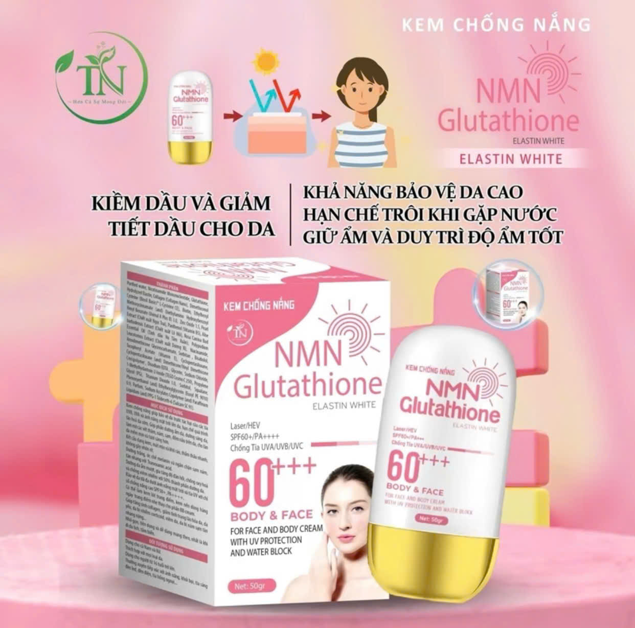 kem chống nắng nmn glutathione Kem Chống Nắng NMN Glutathione Elastin White SPF60+++ 50g Skincare Làm Đẹp  Da