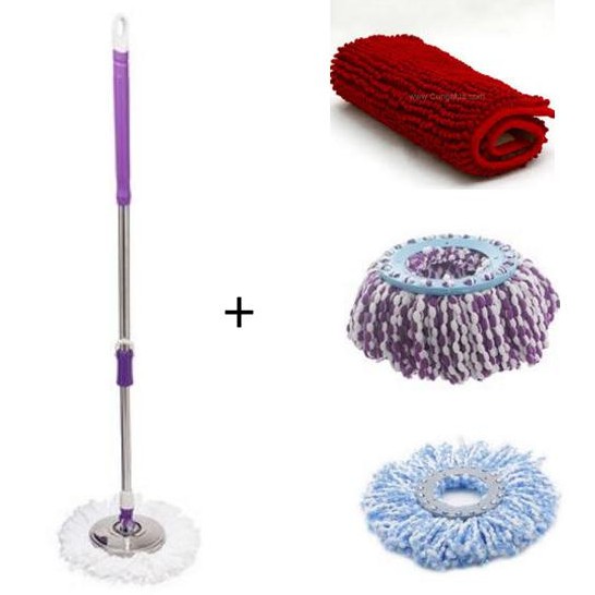 Combo Cây lau nhà 360 độ thân inox lớn Gia Phú PP4 mâm inox + 1 thảm san hô + 2 bông lau nhà ngẫu nhiên