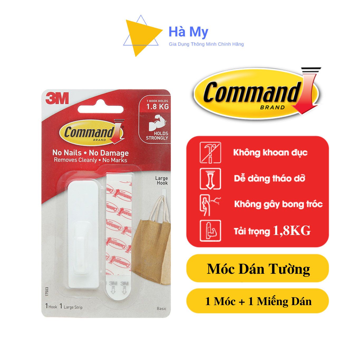 Móc Treo,Dán Tường Đa Năng 3M Command 17503 Siêu Dính 1800Gr Vỉ 1 Chiếc ,Móc Treo Quần Áo,Chìa Khóa,Trang Trí,Túi Sách