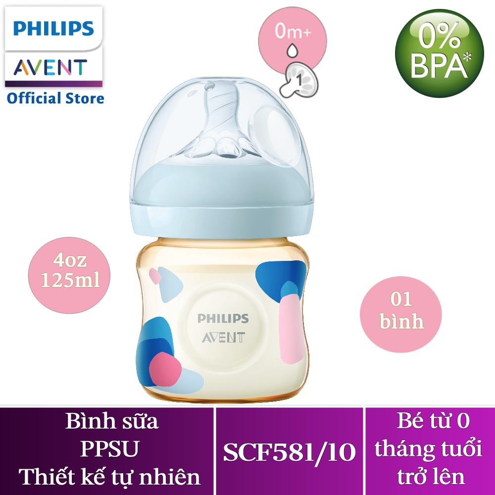 Philips Avet Bình sữa PPSU thiết kế tự nhiên 125ml cho trẻ từ 0 tháng tuổi SCF581/10