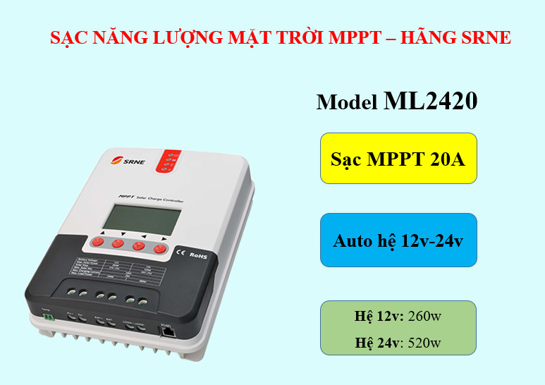 Sạc năng lượng mặt trời hãng srne 12v/24v - mppt 20a 30a 40a - model ml2420 ml2430 ml2440
