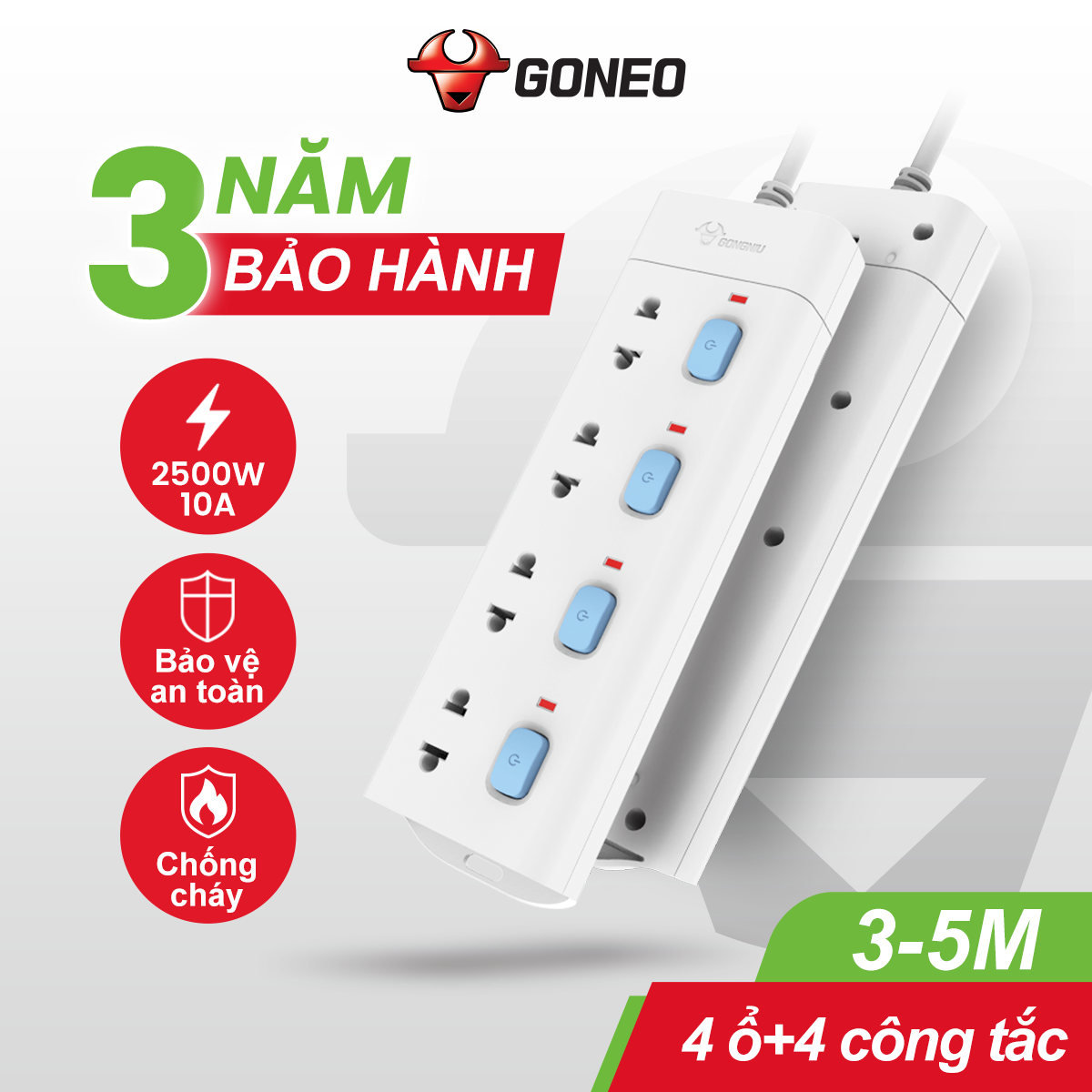 Ổ Cắm Điện Chống Cháy GONGNIU - Đa Năng 4 Ổ 4 Công Tắc - Công Suất 10A/250/2500W - V3040 - Chính Hãng