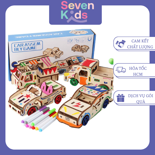 Đồ chơi mô hình lắp ráp xe oto bằng gỗ SEVENKIDS tự trang trí màu DIY, mô hình combo 4 xe đồ chơi oto, phát huy khéo léo, sáng tạo cho bé