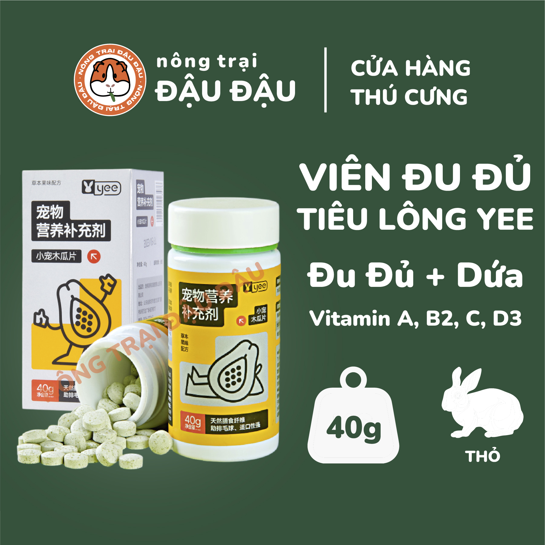 Viên Bổ Sung Đu Đủ Dứa Tiêu Búi Lông Cho Thỏ Yee Hộp 40g