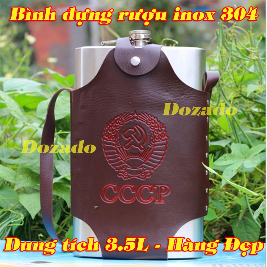 Bình đựng rượu inox CCCP và bao da 3,5 lít (Bạc), Bình rượu inox CCCP dày dặn, Bình logo CCCP đựng nước, đựng rượu  - Loại dày Inox 304 (cam kết bóp không móp méo) Dozado chuẩn inox 304, Bảo hành trọn đời tặng bao da & kèm phễu rót Inox
