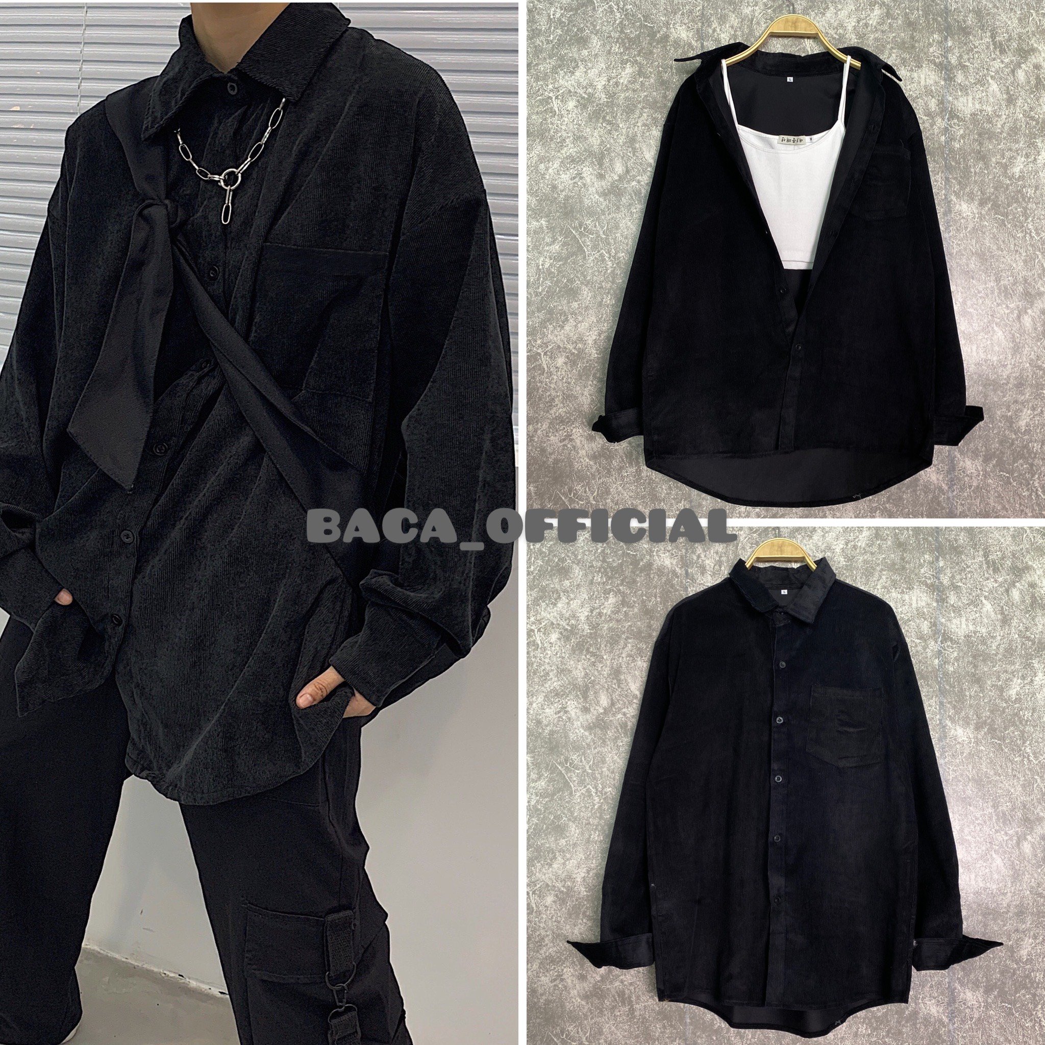 Áo sơ mi nhung gân đen trơn basic Unisex Form rộng nam nữ đều mặc được full size SW019