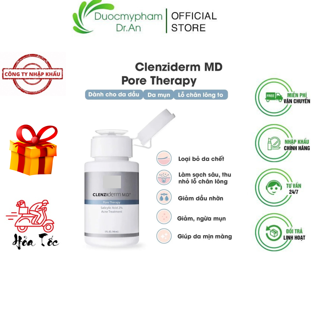 Dung Dịch BHA Giảm Mụn, Dầu Nhờn Clenziderm MD Pore Therapy Salicylic Acid 2% Acne Treatment Nước Hoa Hồng 2% BHA Giảm Nhờn Mụn Tẩy Da Chết, Ngừa Mụn 148ml - DuocmyphamDrAn