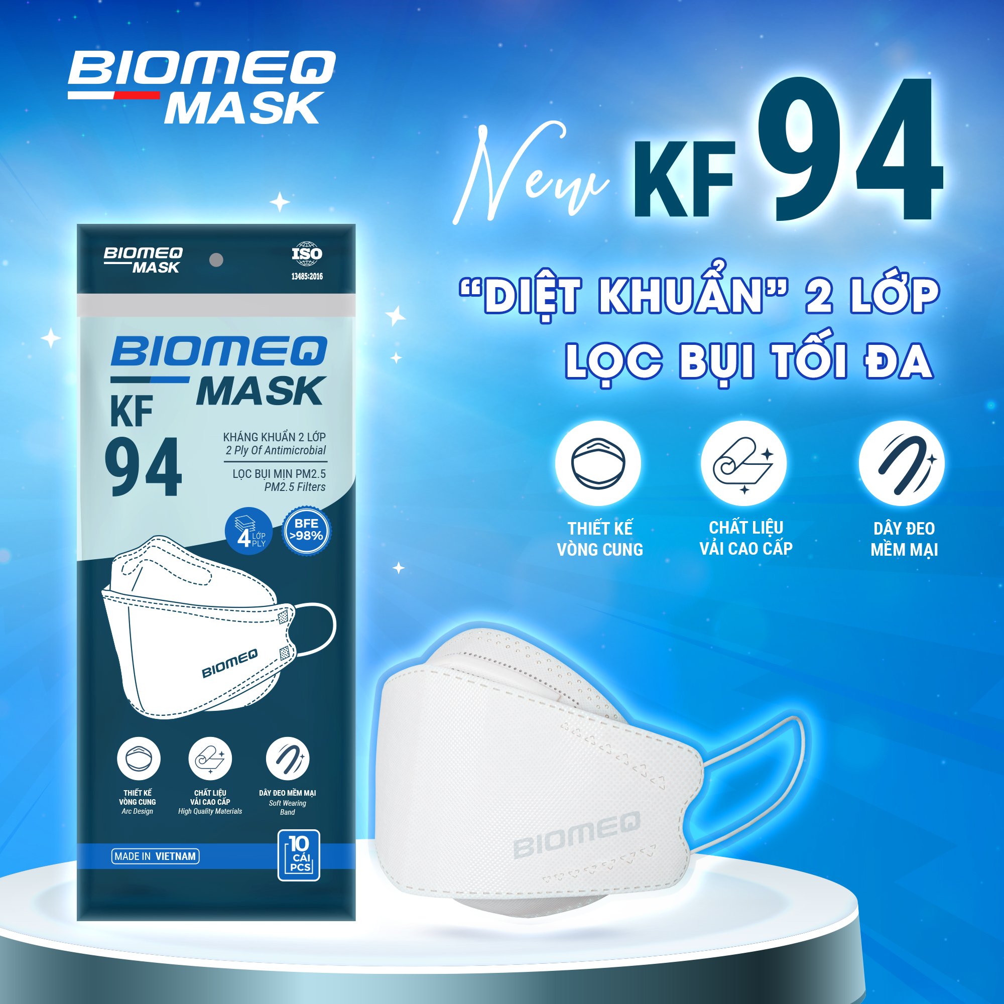 Khẩu trang KF94 BIOMEQ túi 10 chiếc - Khẩu trang y tế với 4 lớp giúp phòng chống bụi và các bệnh về đường hô hấp - Màu trắng