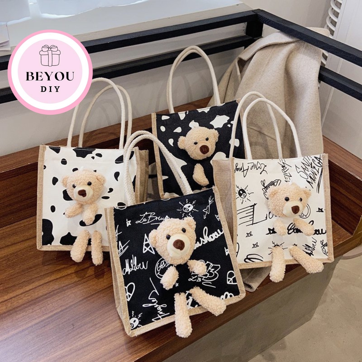 Túi cói hình gấu bông dễ thương - túi vintage - beyou