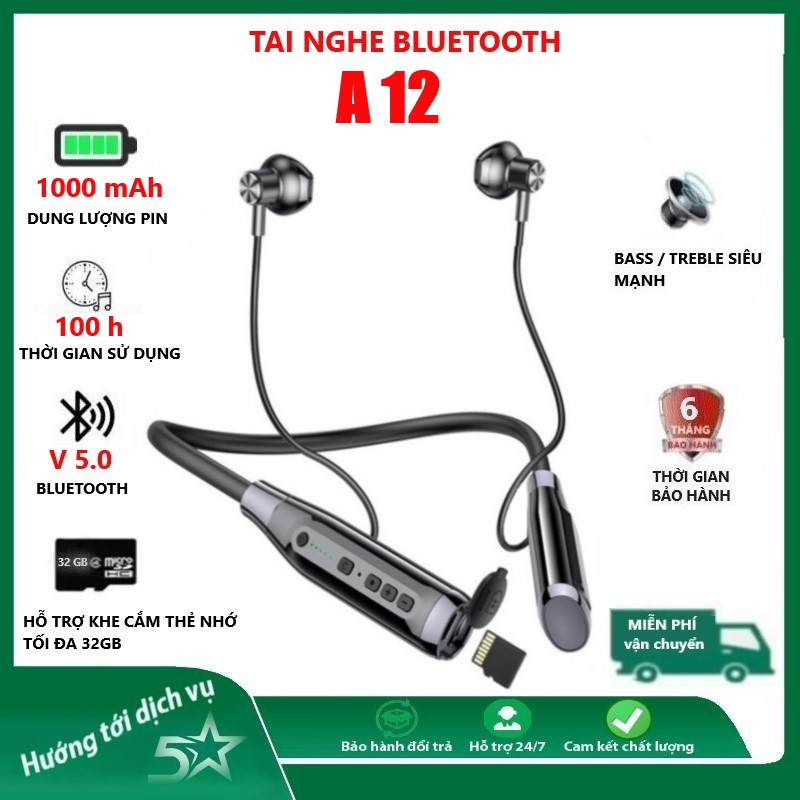 Tai Nghe Bluetooth Không Dây Cao Cấp Phiên bản A12. Pin 1000mAh , Nghe Nhạc 100h, Bluetooth 5.0 Kết nối 2 Điện thoại, Công Nghệ lọc Âm, Chống Ồn Siêu Tiên tiến. Tai nghe Bluetooth Thể Thao Chống thấm nước tốt.
