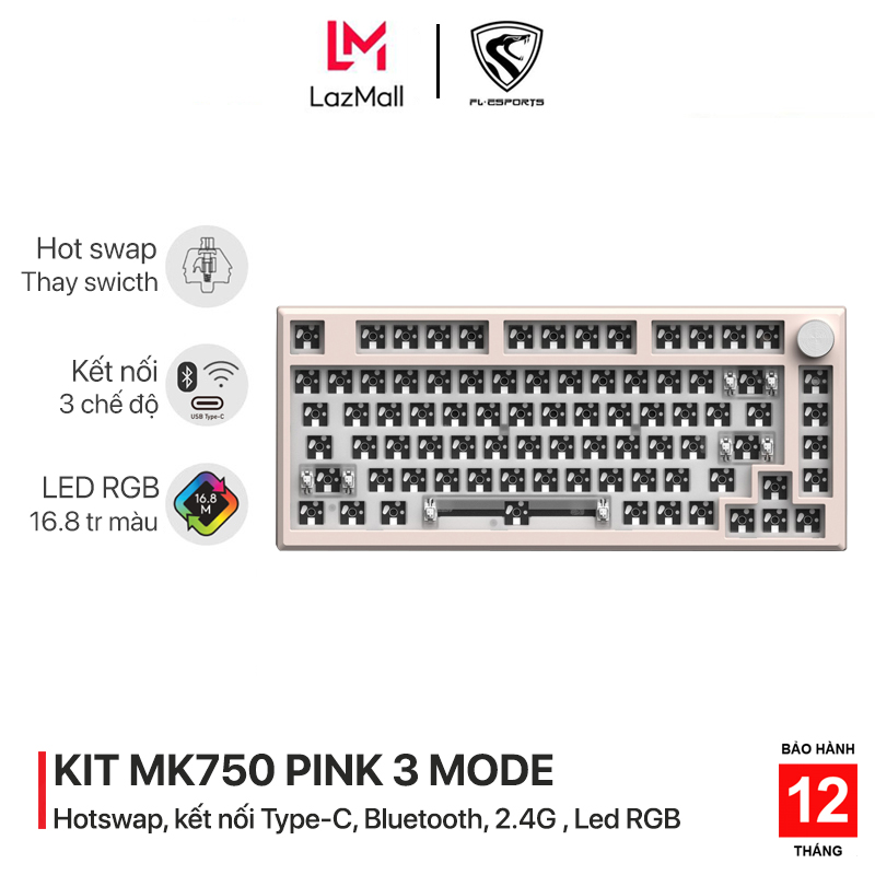 Bộ KIT bàn phím cơ chơi game không dây FL-Esports MK750 Pink RGB 3 Mode  - Mạch xuôi - Sẵn foam - 3 chế độ kết nối Type-C, Bluetooth, 2.4G - Pin 3000mAh