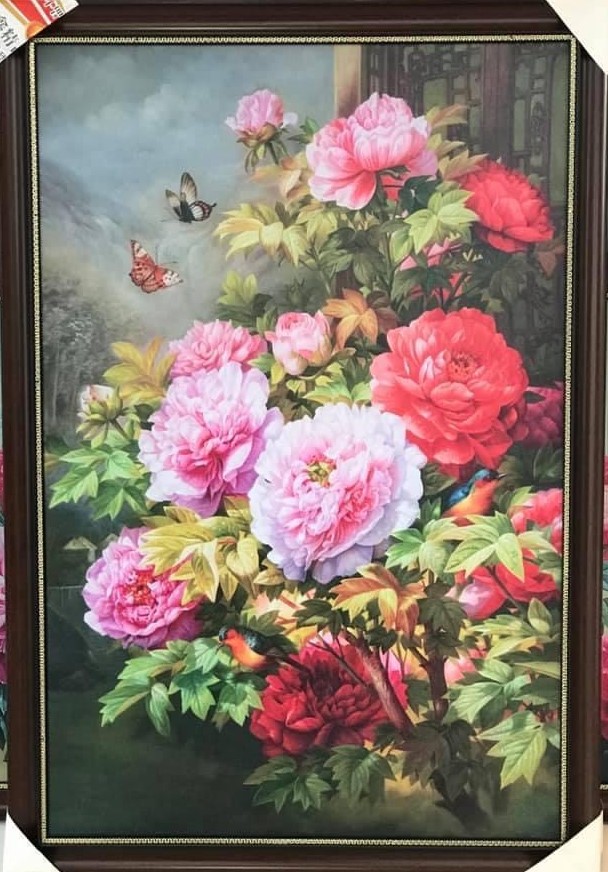Tranh sơn dầu hoa mẫu đơn- kích thước vải: 80x140cm