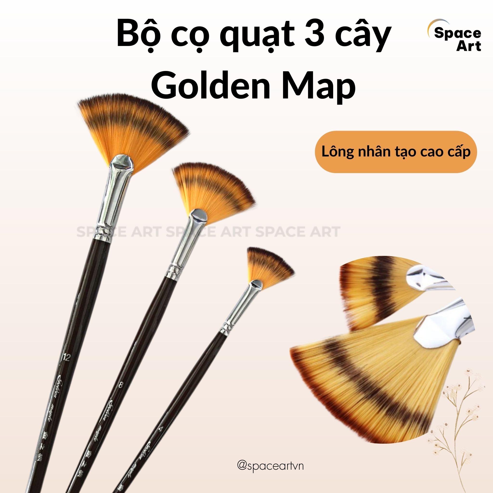 Bộ cọ quạt cọ xòe 3 cây Golden Map vẽ tán cây, cỏ