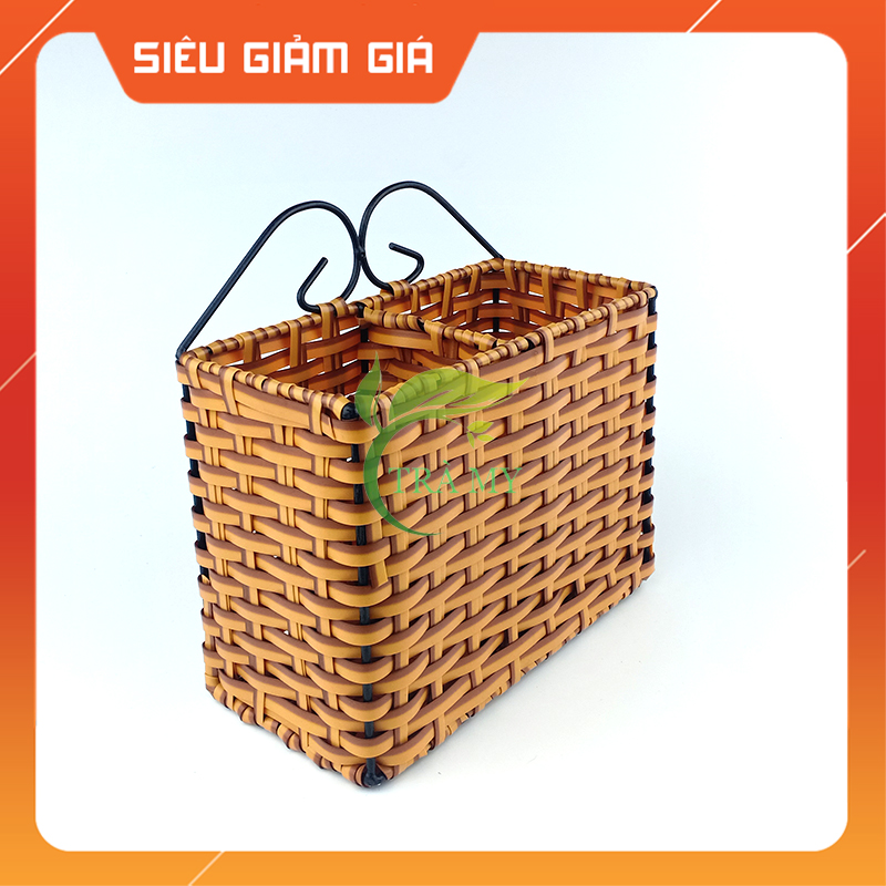 Ống đựng đũa muỗng 2 ngăn bằng nhựa đan mây, Ống đựng thìa muỗng đũa bàn quán ăn, đựng dụng cụ ăn gia đình