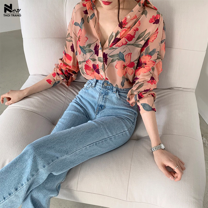 Áo Sơ Mi Voan Hoa Không Nhăn - New Thoi Trang