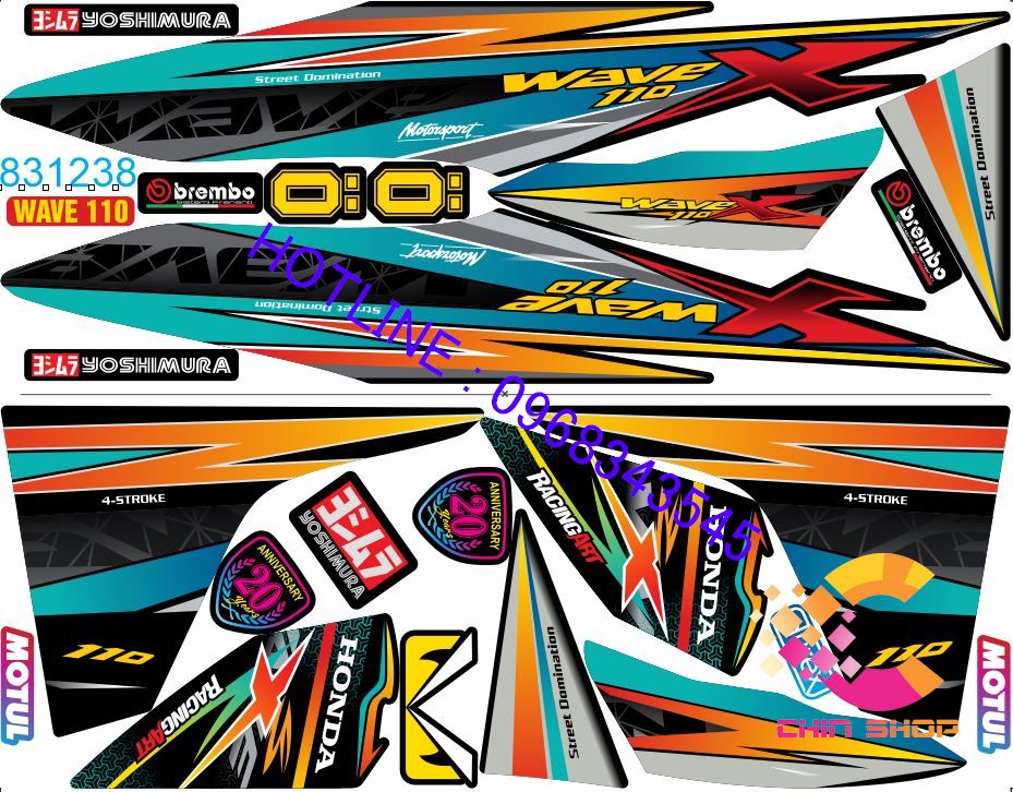 Tem rời HONDA WAVE ALPHA 110 X cam xanh luc | Chống nước chống bay màu | 831238