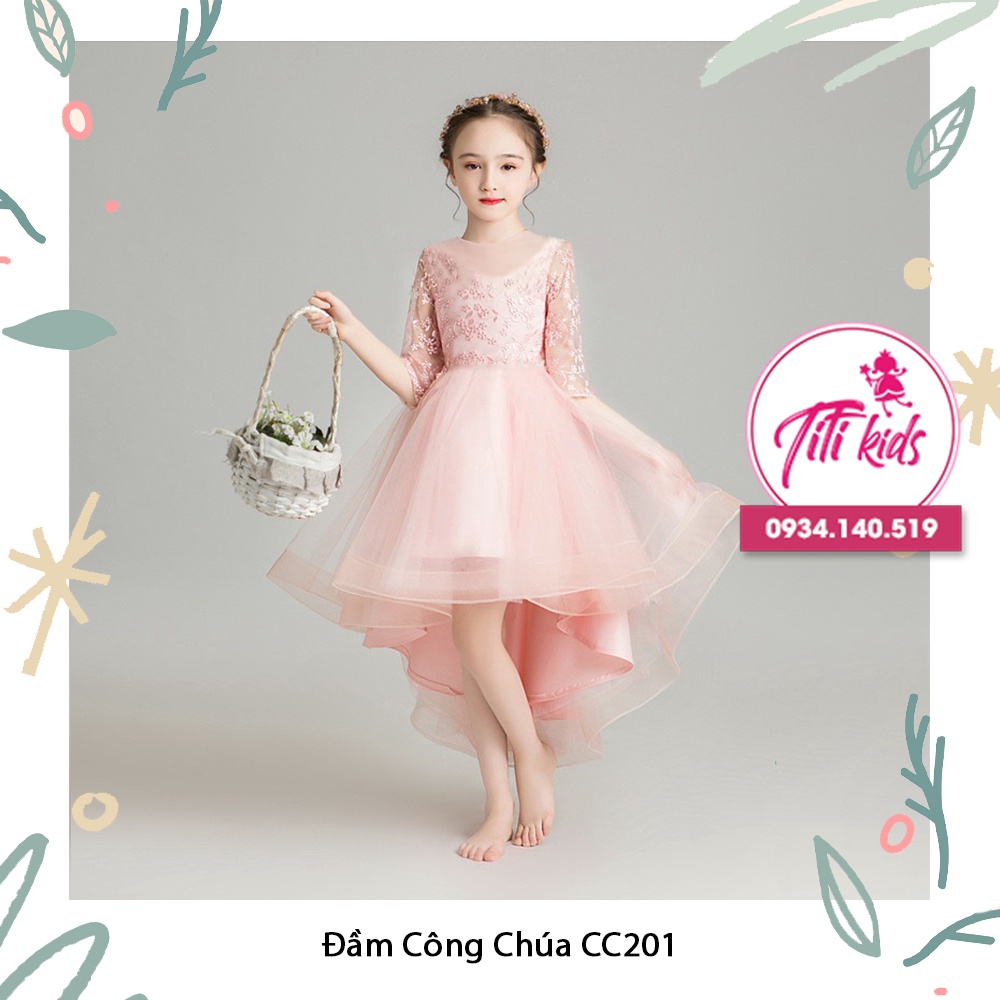 Đầm váy công chúa cho bé gái hồng tầng eo tay ren titikids cc201