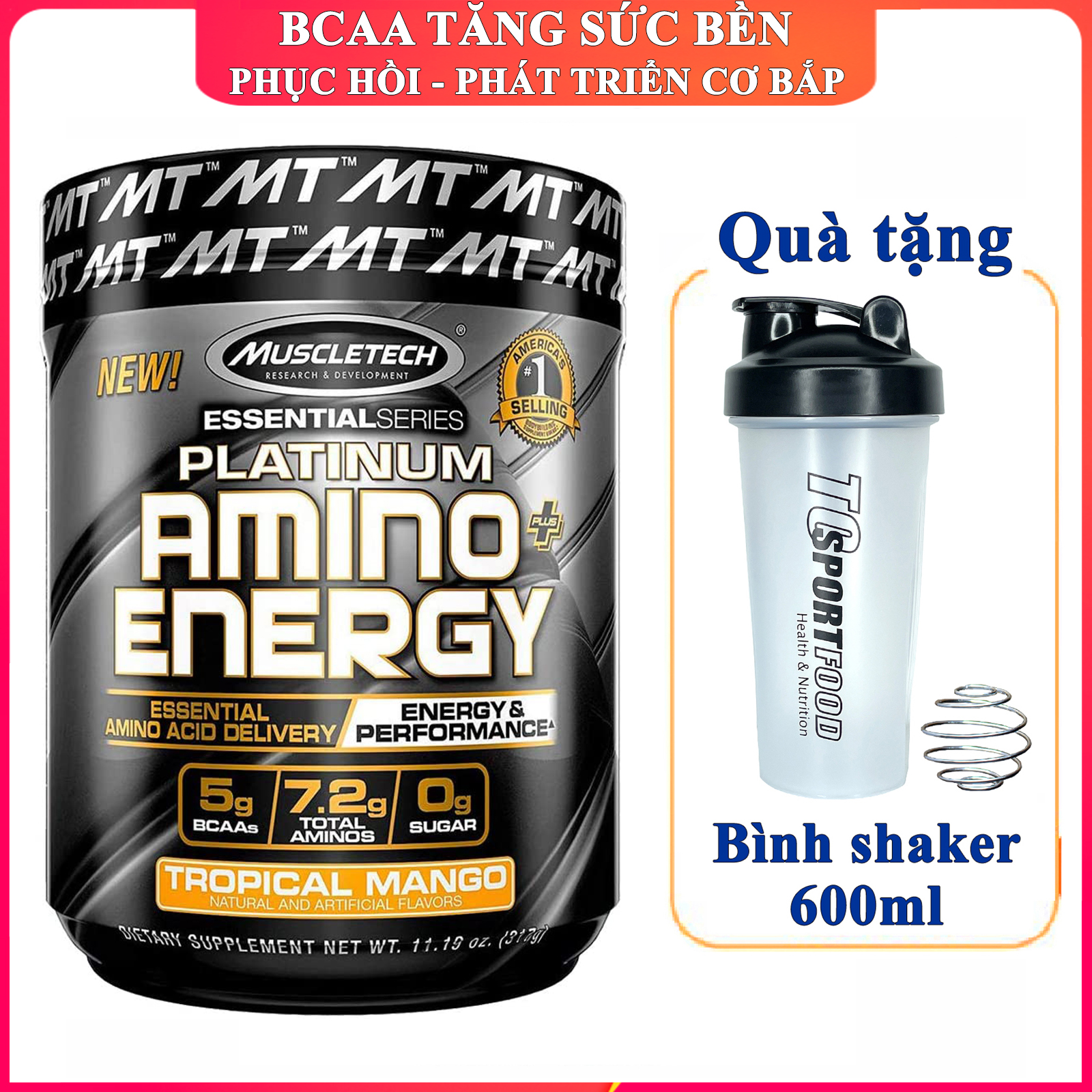 [FREE SHAKER] BCAA Platinum Amino Plus Energy của Muscle Tech hộp 30 lần dùng hỗ trợ tăng cơ tăng sức bền sức mạnh đốt mỡ giảm cân mạnh mẽ phục hồi cơ nhanh chóng cho người tập GYM và chơi thể thao thao