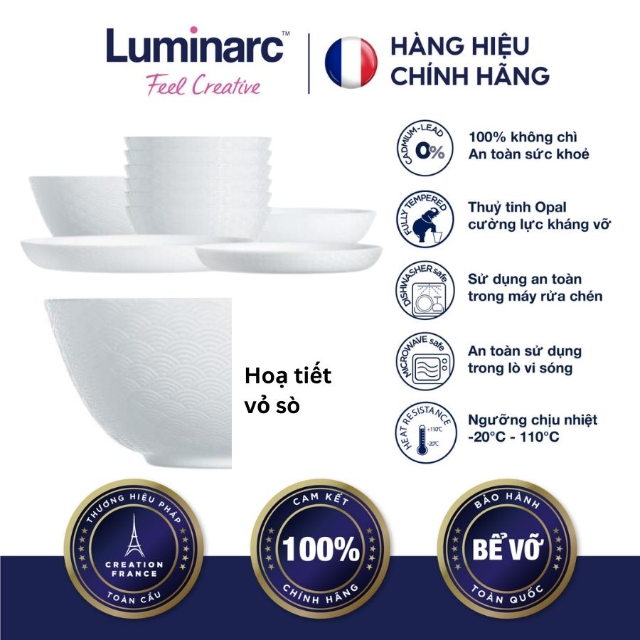Bộ bàn ăn tô chén đĩa thuỷ tinh cường lực luminarc diwali shells - ludish12m