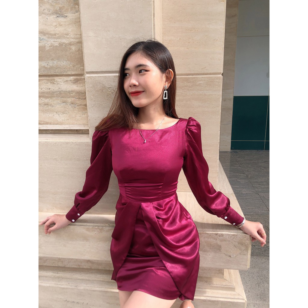 Đầm satin đỏ đô tay bồng - byvee