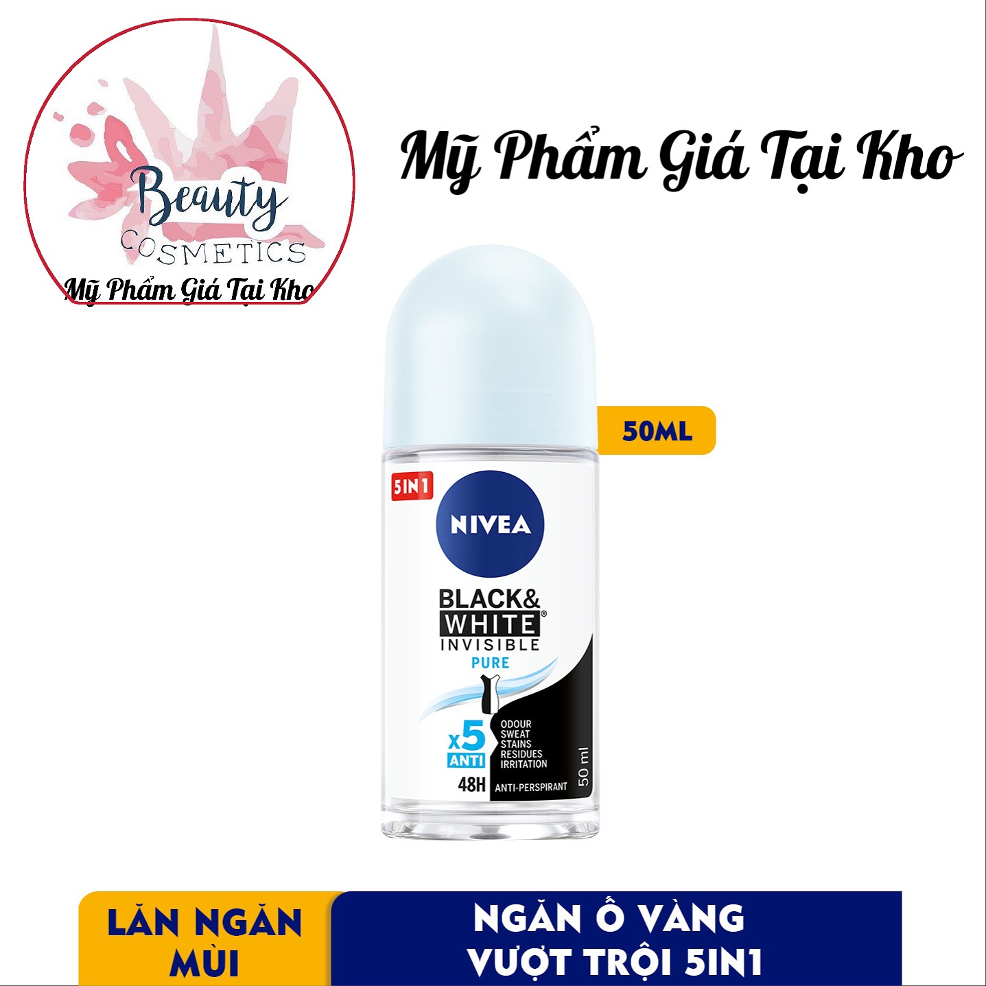Lăn Ngăn Mùi NIVEA nữ Black & White Ngăn Vệt Ố Vàng Vượt Trội 5in1 50ml