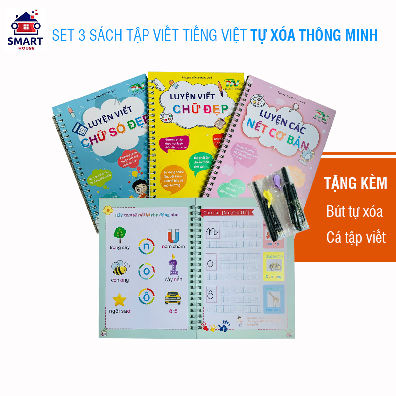 Set 3 cuốn sách tập viết Tiếng Việt cho bé, tập tô màu tự xóa thông minh dùng lại nhiều lần, tặng kèm bút tự xóa - Hàng Việt Nam, chất lượng cao