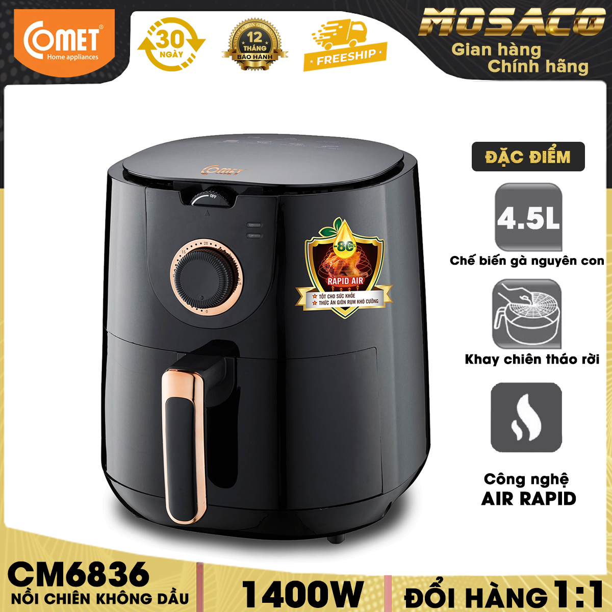 Nồi chiên không dầu comet cm6836 dung tích 4.5l bảo hành 12 tháng. nồi chiên nướng không dầu công suất 1400w sử dụng công nghệ air rapid, thân nồi bằng nhựa abs & pp cao cấp, không sản sinh khói gây độc - mosaco