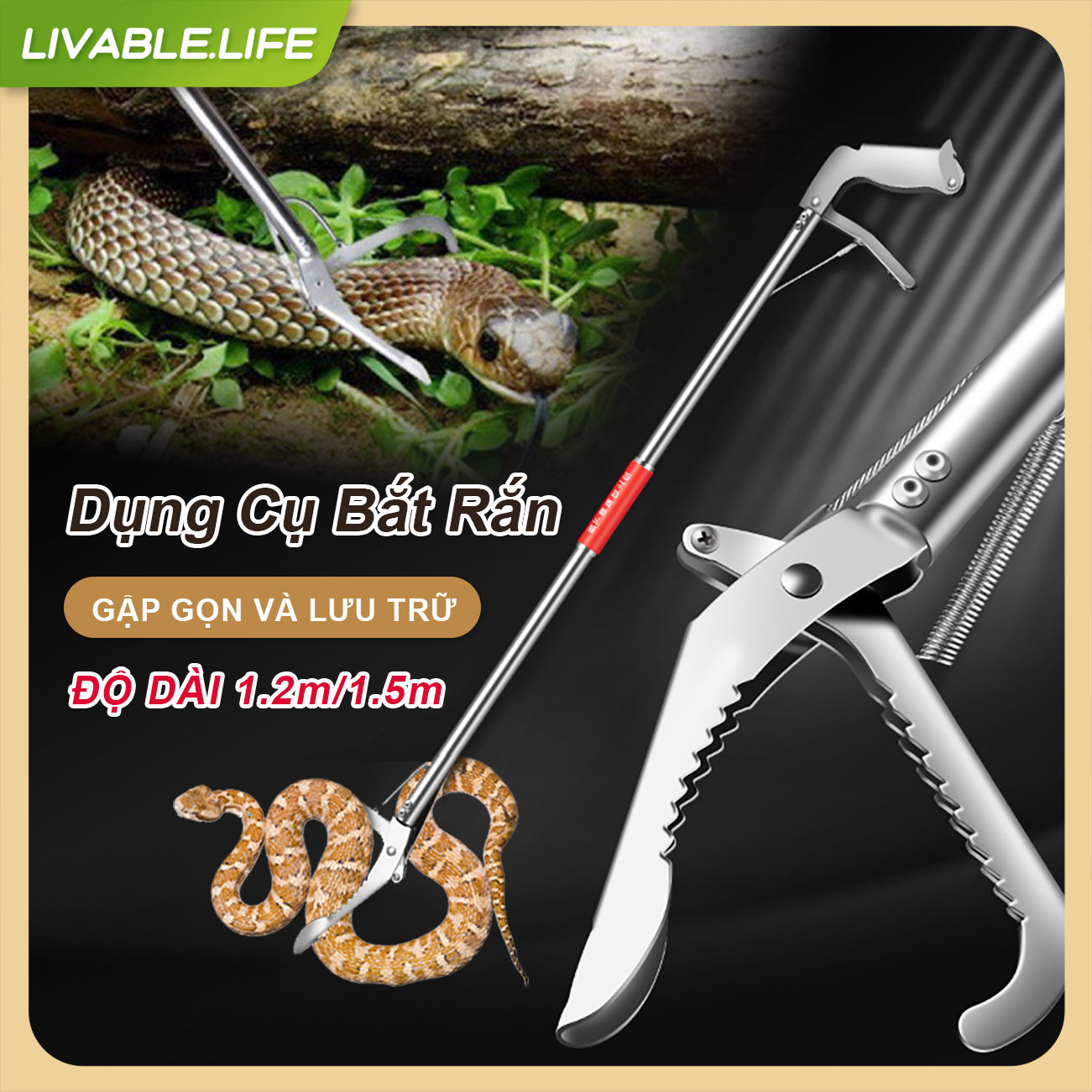 Gậy bắt rắn kẹp rắn bằng thép không gỉ 1.2m/1.5m dụng cụ cầm tay khóa gấp được gậy bắt bắt rắn cắm trại hoang dã
