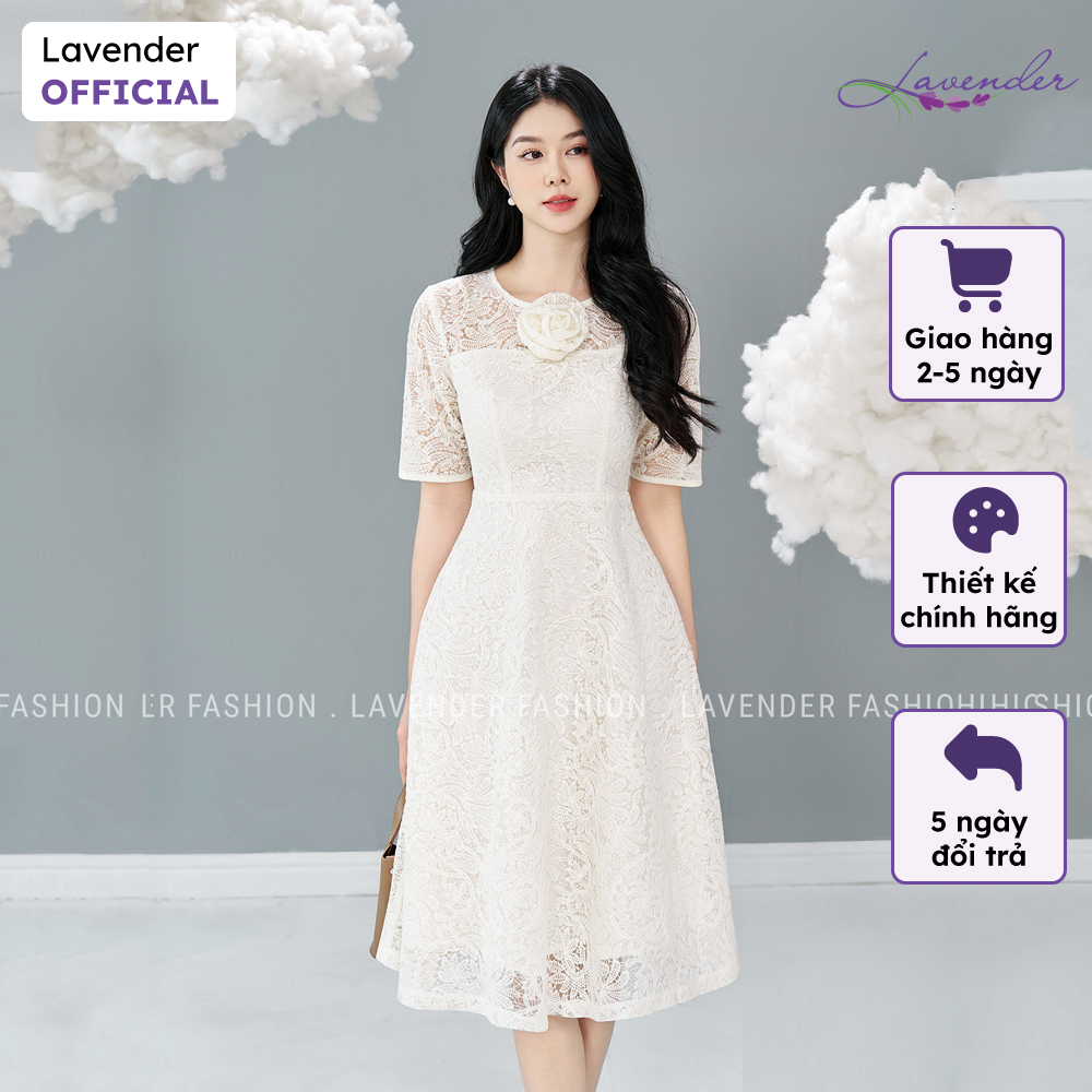 Đầm công sở thiết kế lavender vải ren màu trắng đính hoa cổ d2959