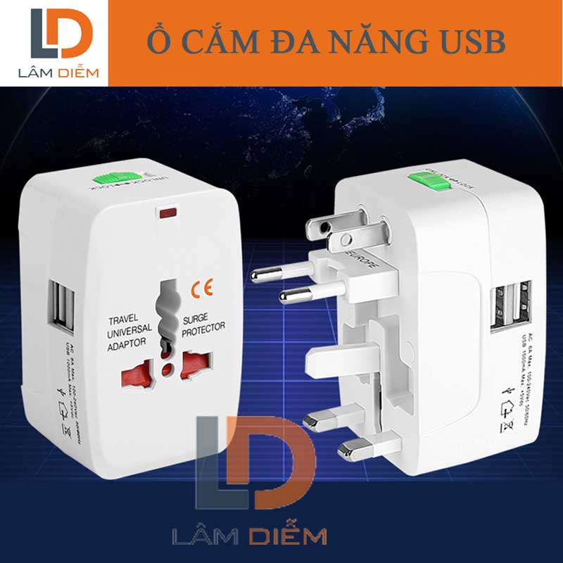 Ổ cắm phích cắm chuyển đổi đa năng du lịch quốc tế 2 cổng USB UT2A