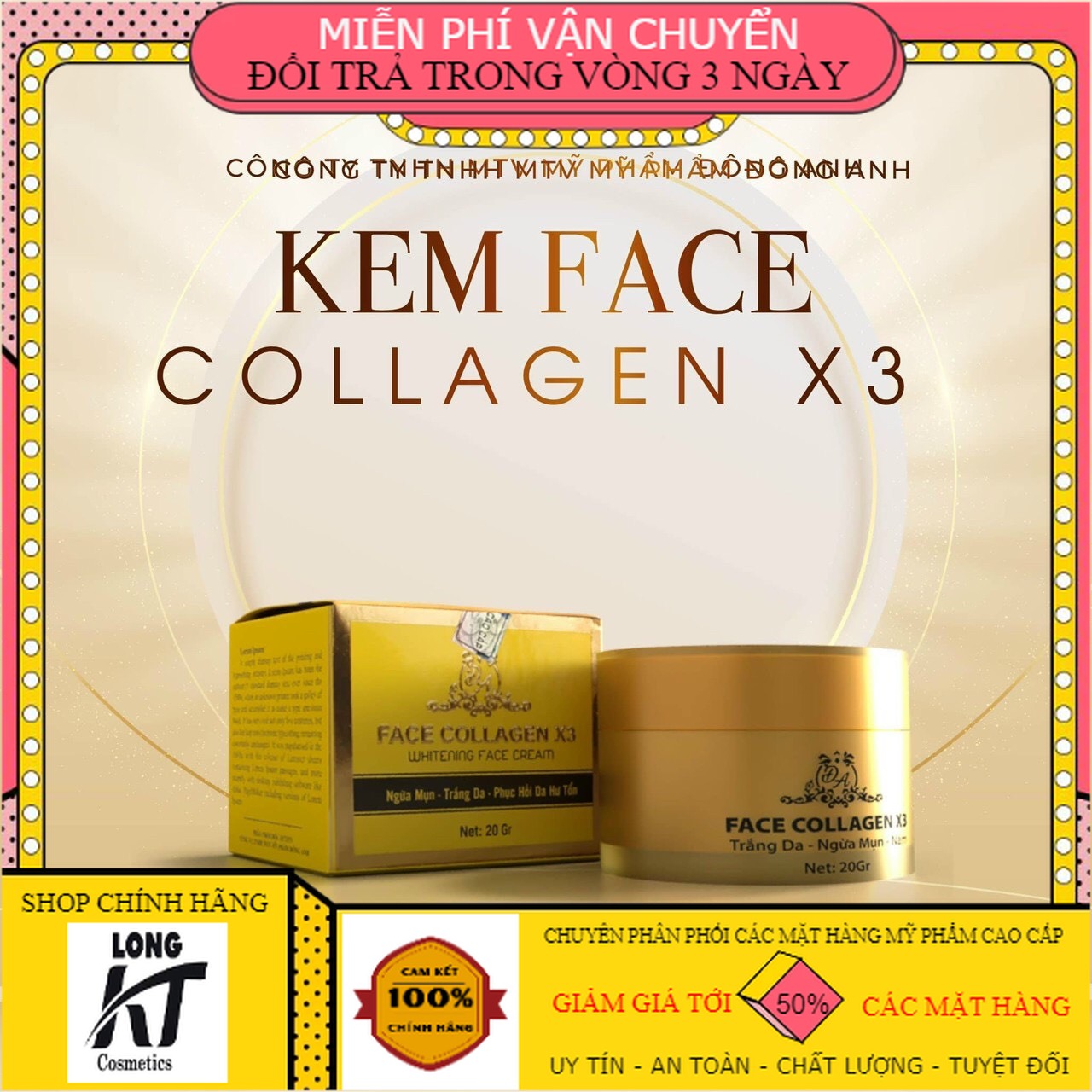 [Chính Hãng giá sĩ Đông Anh] Kem face collagen X3 Làn da mềm mịn, trắng hồng rạn rỡ.- Se khít lỗ chân lông hộp 20gr