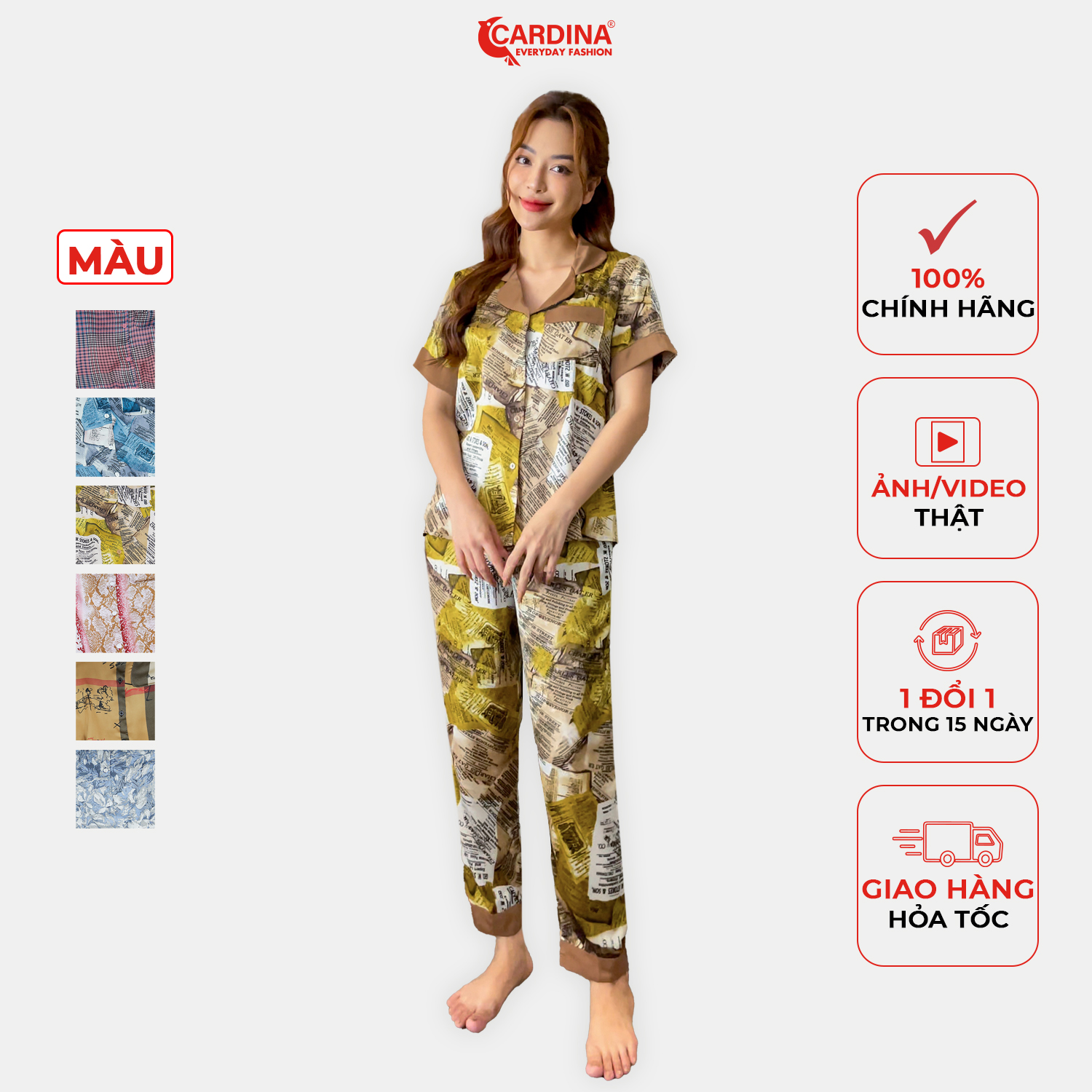 Đồ bộ nữ 𝐂𝐀𝐑𝐃𝐈𝐍𝐀 pijama chất lụa satin nhật cao cấp quần dài áo cộc tay co giãn nhẹ 2pi05