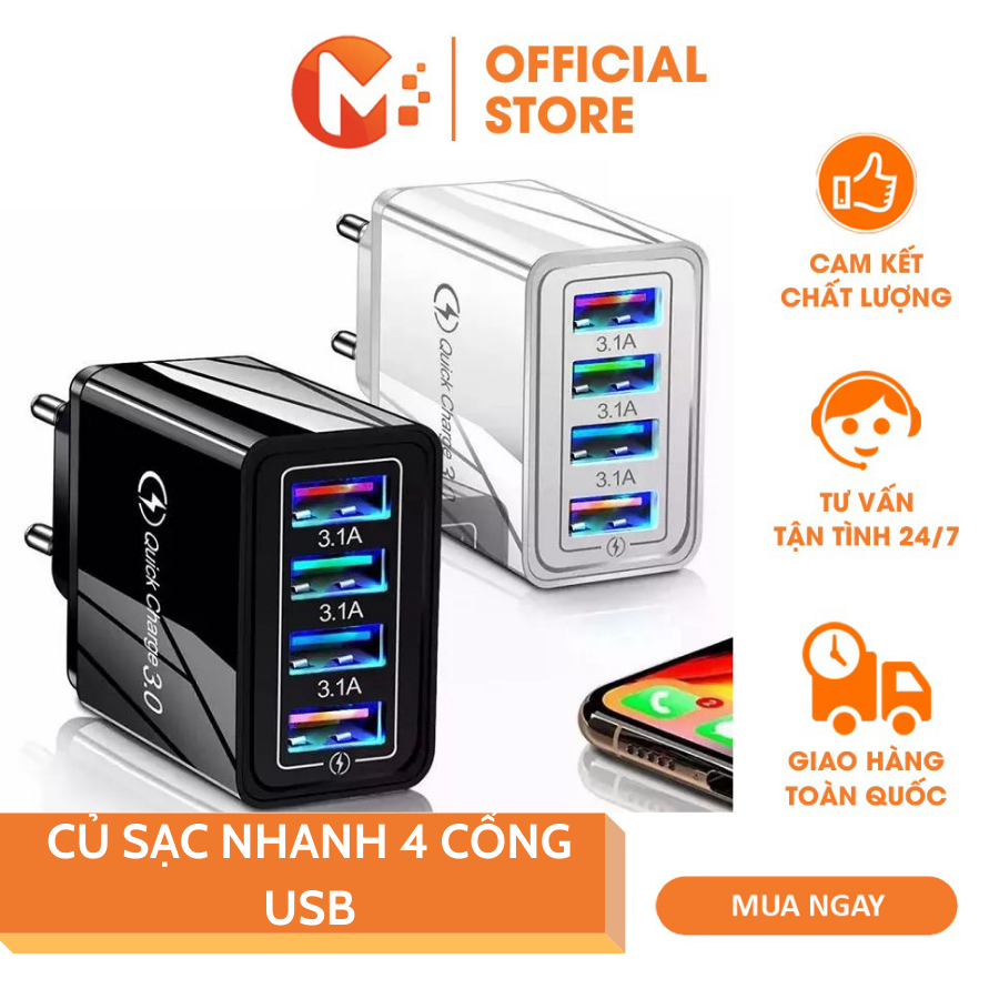 Củ Sạc 4 Cổng USB Bảo Vệ Chống Quá Tải Ngắn Mạch Quá Dòng Quá Áp cốc sạc điện thoại iphone ipad sạc máy tính bảng Samsung Xiaomi Oppo củ sạc có đèn led MIKATEK
