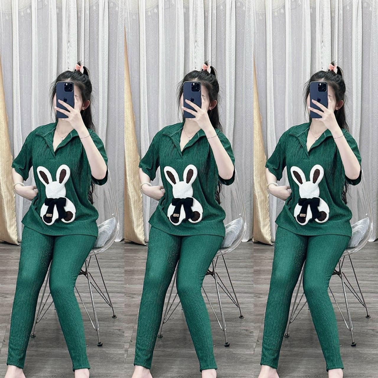 Set bộ xốp nhật áo cổ bẻ thêu thắc nơ thỏ mix quần dài có 4 màu kèm ảnh thật