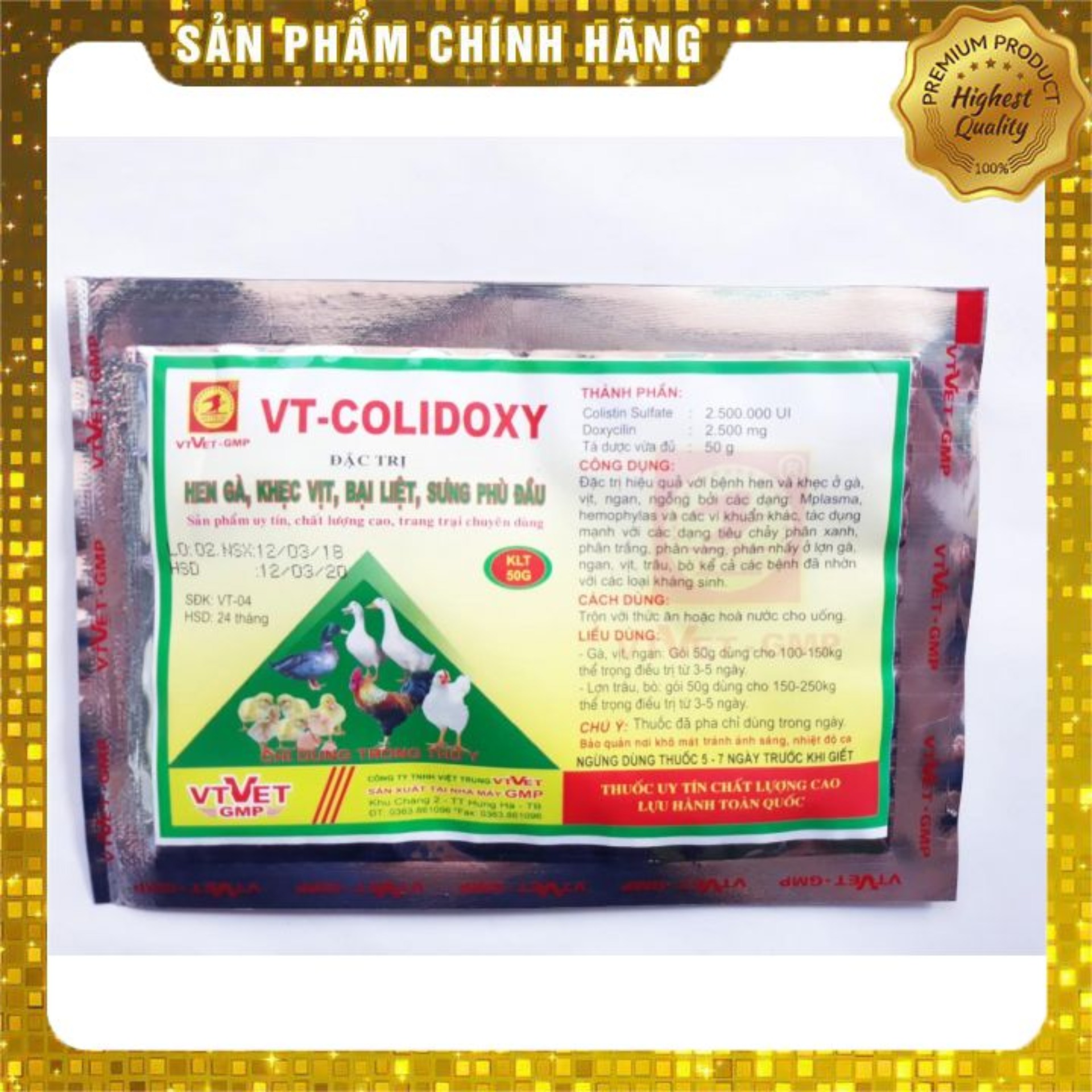 Sản phẩm thuôc thú y VT-COLIDOXY (50g) phòng và trừ hen gà, khẹc vịt, bại liệt, sưng phù đầu, tiêu chảy ở: gà, vịt, trâu, bò, lợn, ngan