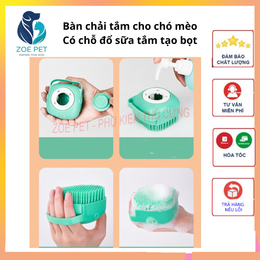 Bàn chải tắm cho chó mèo, có chỗ đổ sữa tắm tạo bọt, lông mềm, matxa cho chó mèo thư giãn