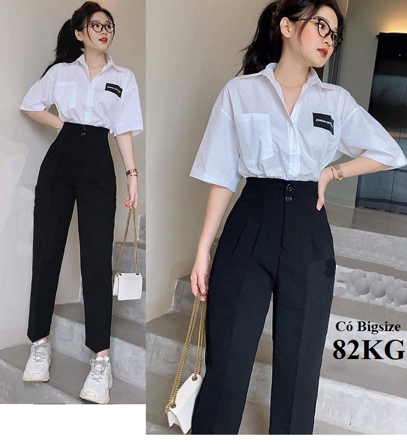 2 Khuy, Quần Tây Học Sinh Nữ Lưng Cao Thời Trang, Vải Tuyết Mưa, có Big Size 85Kg over size, có màu xanh đen đồng phục