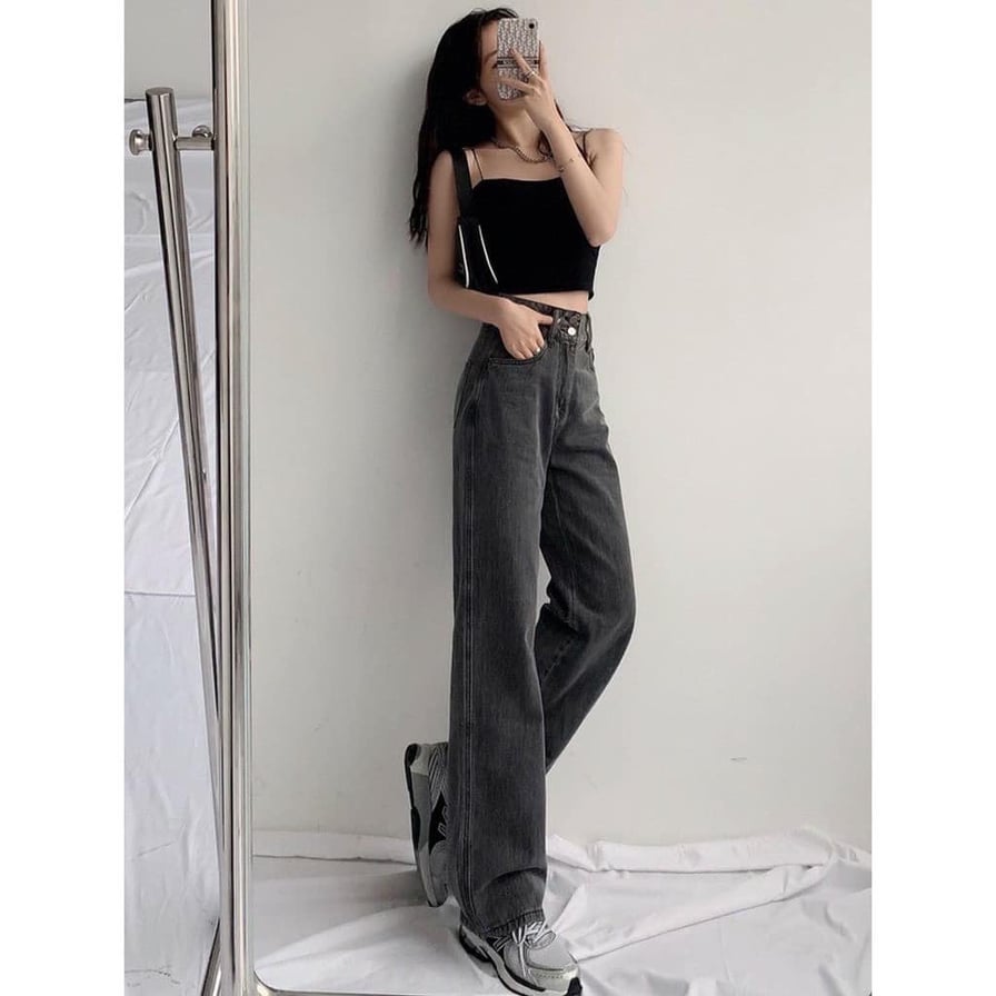 Quần jean ống rộng trơn, quần jean trơn màu xám khói lưng cao, quần baggy bò dài, quần bò thụng, quần nữ, quần baggy nữ XƯỞNG MAY B&Q