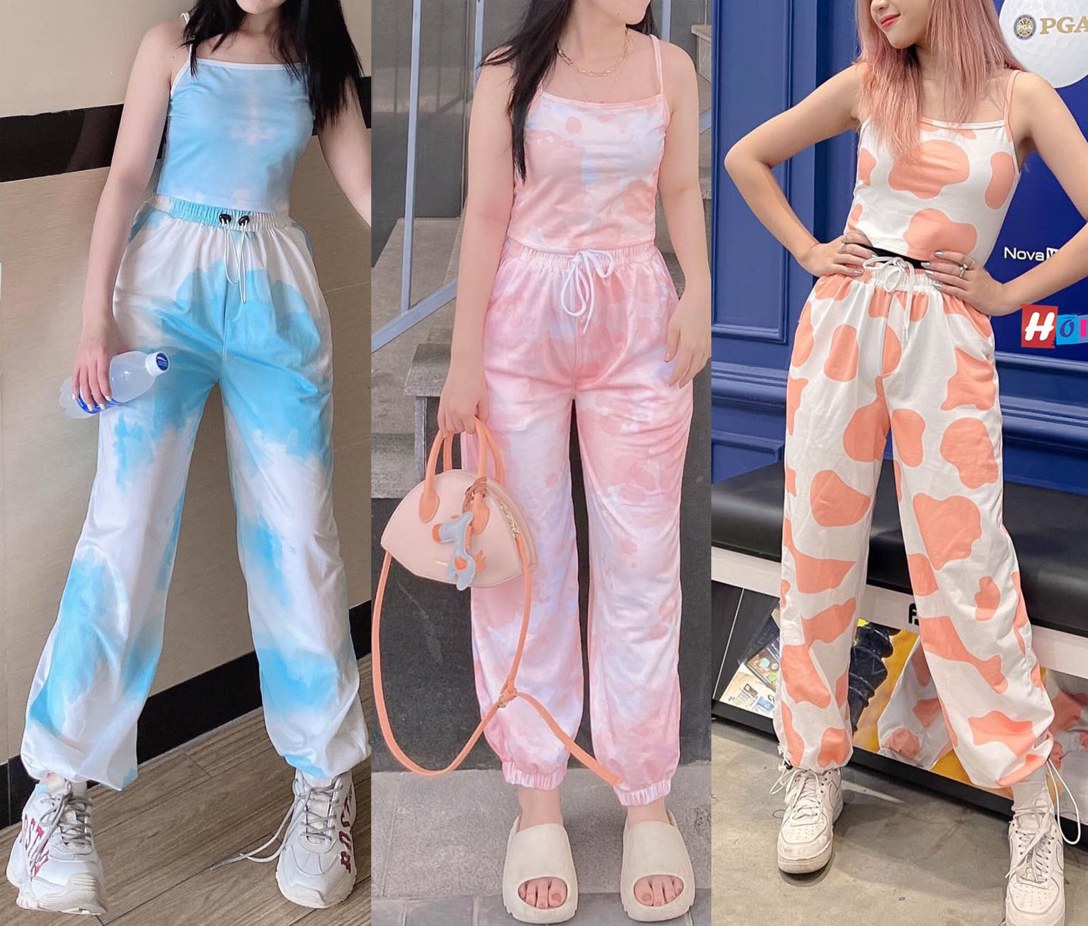 Set Bộ Áo Croptop 2 Dây Dưới 52Kg Phối Quần Jogger 3D Loang Màu Ulzzang Dáng Rộng - MM