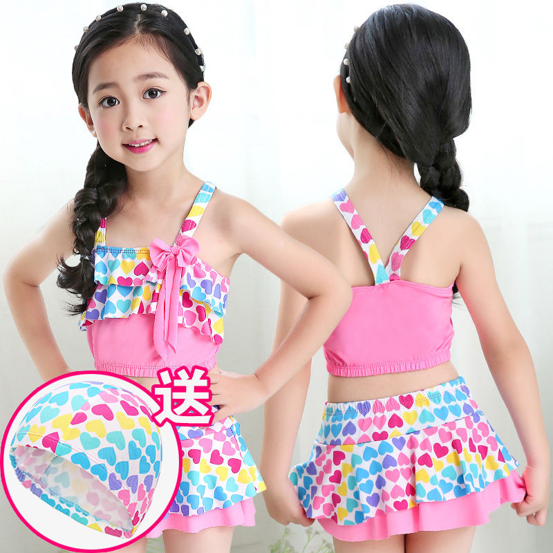 Váy bơi hai mảnh bé gái +nón bơi
