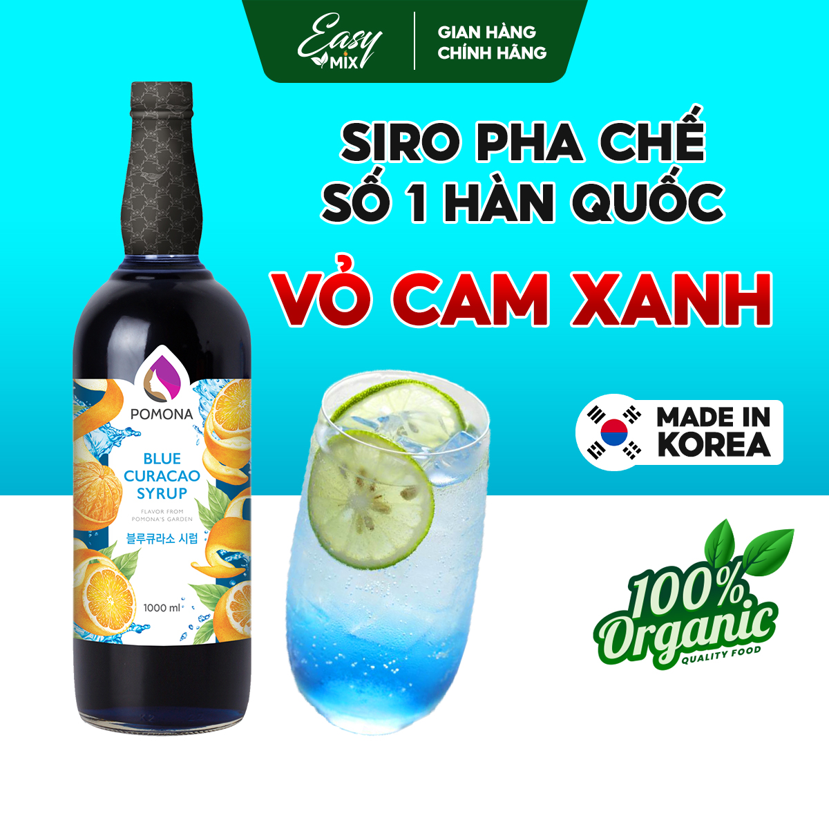 Siro Vỏ Cam Xanh Pomona Blue Curacao Syrup Nguyên Liệu Pha Chế Hàn Quốc Chai Thủy Tinh 1 Lít