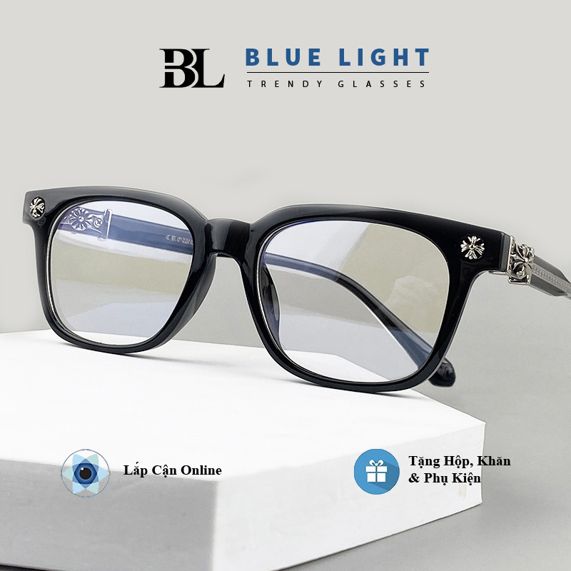 Gọng Kính Cận Chrome Heart Cao Cấp Mắt Vuông Nhỏ Viền Dày Cá Tính, Tinh Sảo Đen Hàn Quốc - BLUE LIGHT