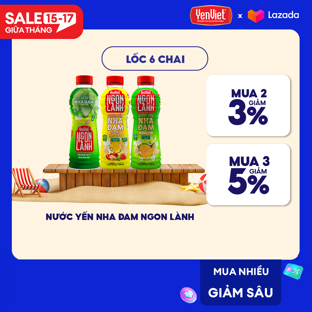 Lốc 6 chai nước yến Ngon Lành Yến Việt thạch nha đam dai giòn nhiều vị, không đường hóa học, 450ml/chai