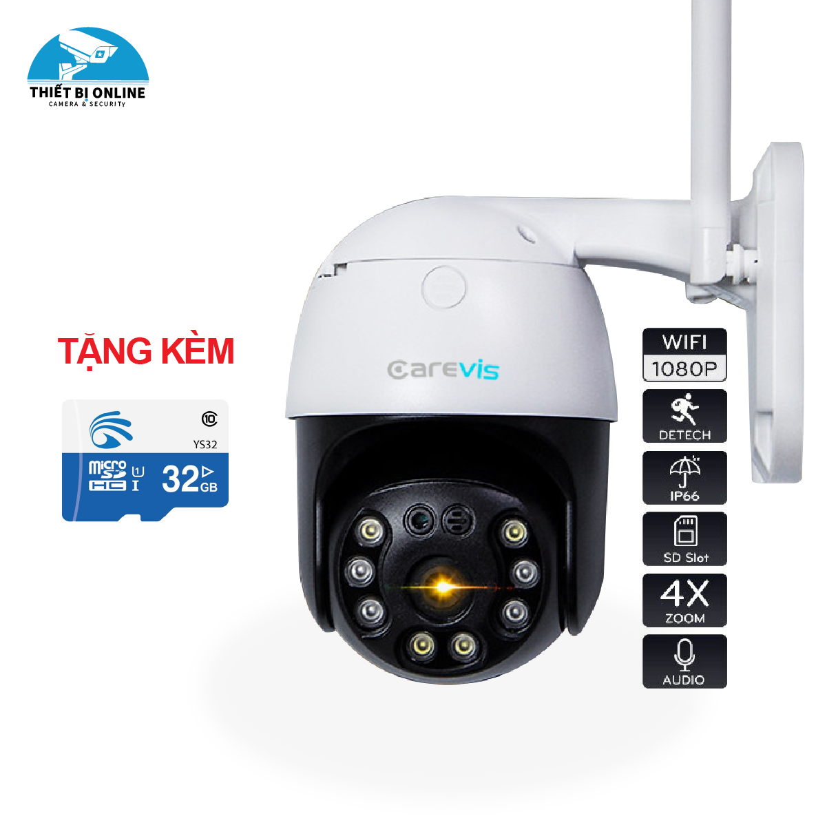 (Tặng kèm thẻ 32GB)Camera wifi ngoài trời Carecam 20HS300 PTZ 8 led 3.0MP Full HD 1296,xoay 360 chính hãng,ngoài trời chống nước.