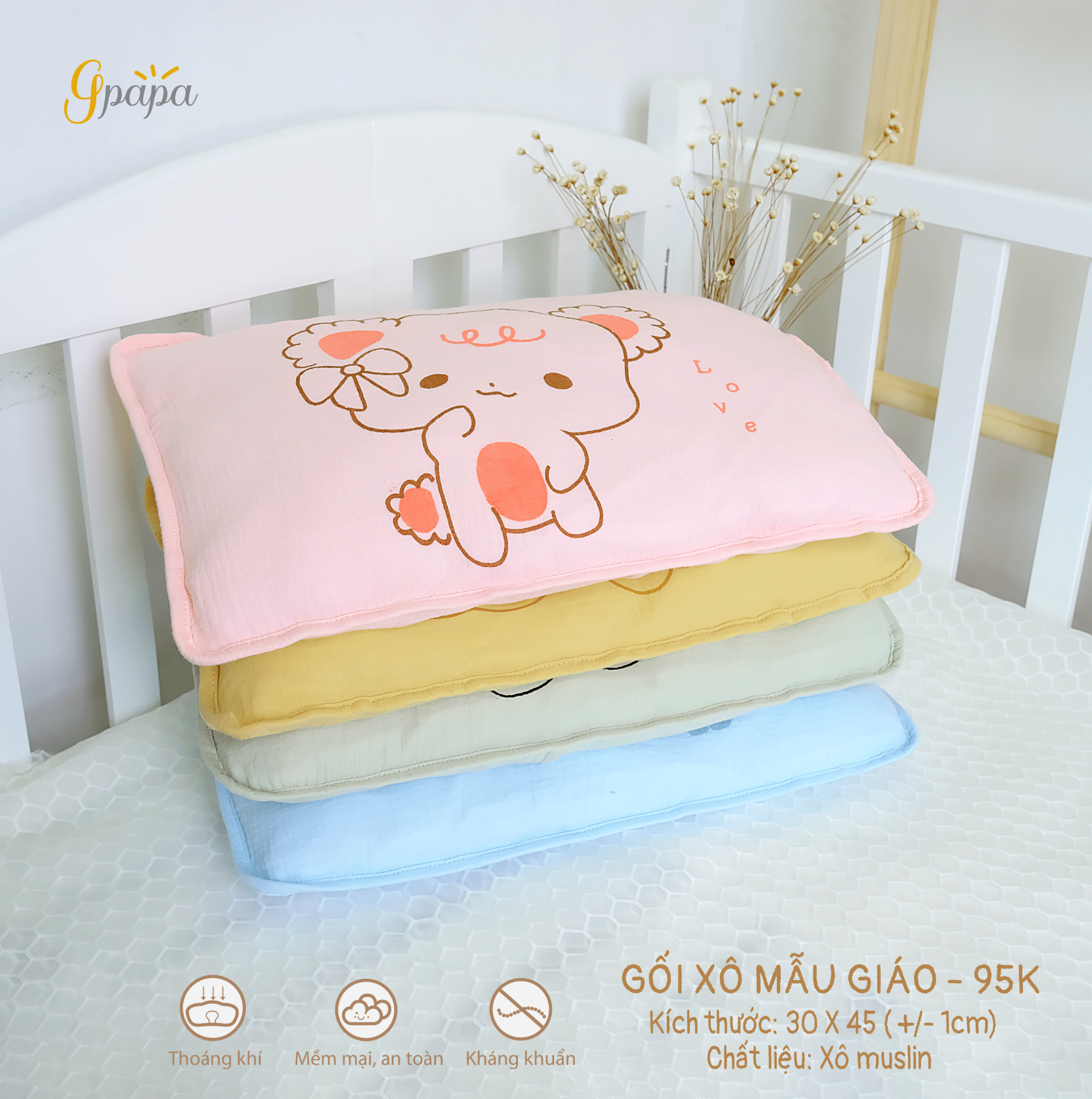 Gối Xô Cho Bé chất liệu Xô muslin mềm mại, thoáng khí dành cho trẻ học mầm non