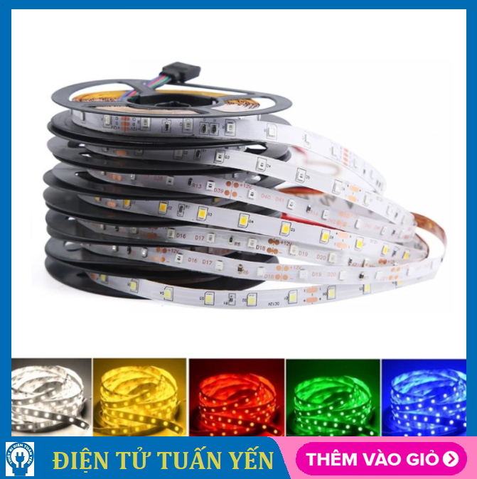 Đèn led RGB 5050 12V cuộn 5 mét có keo chống nước trang trí nhà cửa, nhiều màu sắc