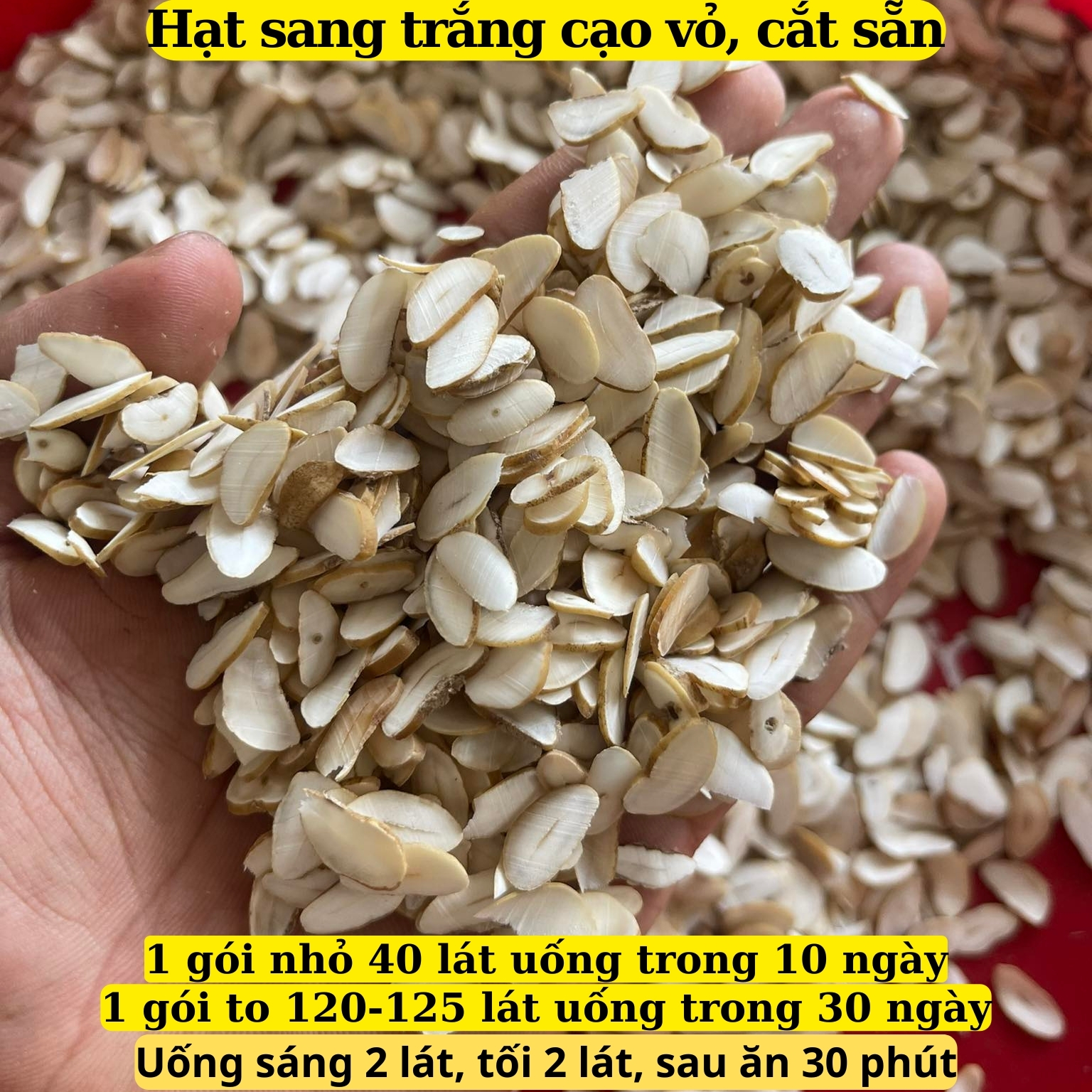 Hạt sang, hạt sành trắng rừng Tây Bắc cạo vỏ, cắt lát sẵn. Hạt sang chữa đau dạ dày đại tràng đi ngoài phân lỏng của người H. Mông