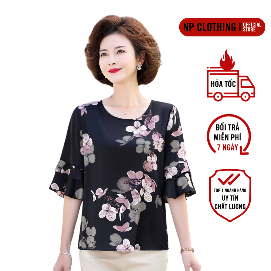 Áo kiểu trung niên a127 mẫu áo trung niên chất lụa cổ tròn tay lỡ phối voan hàn trang nhã | thời trang trung niên u50