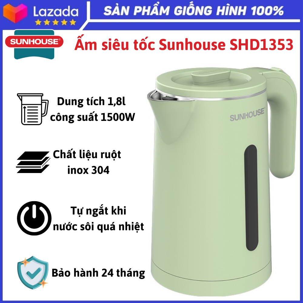 Ấm siêu tốc Sunhouse SHD1353 inox 2 lớp cao cấp 1.8l, Tự ngắt khi nước sôi quá nhiệt, Ấm siêu tốc mini, Ấm siêu tốc Sunhouse, Ấm siêu tốc giữ ấm, Bảo hành 24 tháng